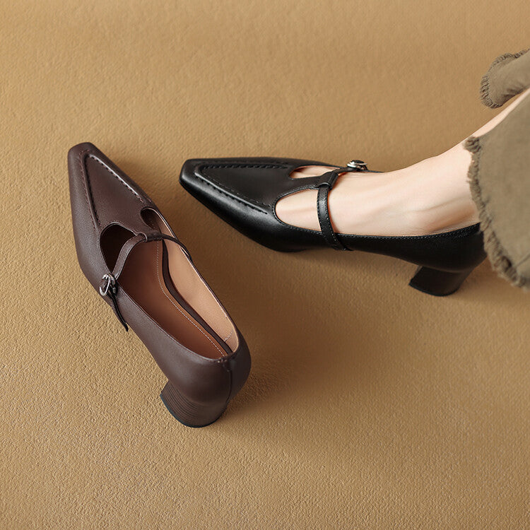 Brown Black T-Strap Block Heel Pumps #001168