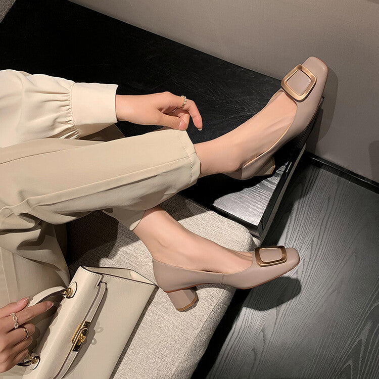 Off-White Pink Grey Block Heel Buckle Pumps #001089