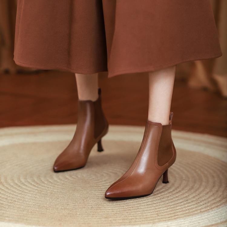 Brown Black Pointed Toe Mid Heel Ankle Boots #002002