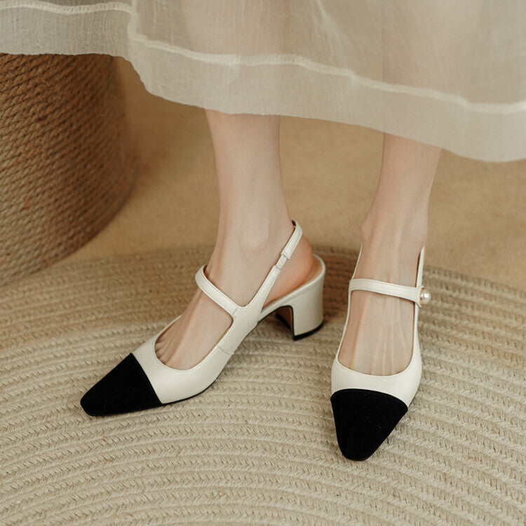 Off-White Beige Pearl-Embellished Quarter Strap Block Heel Pumps #001152