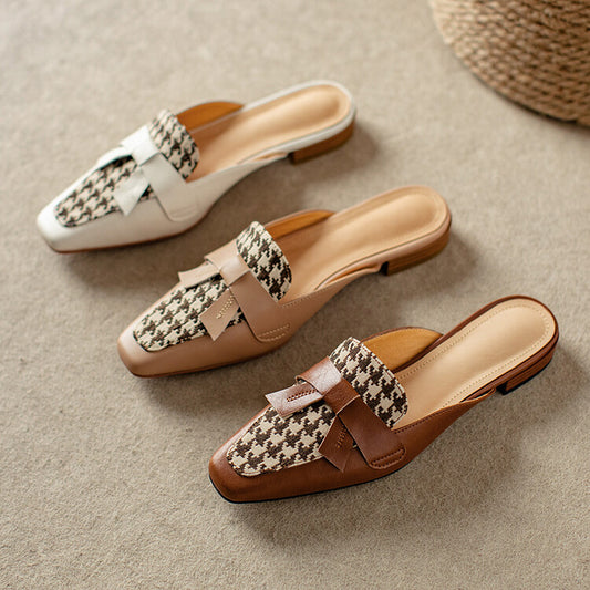 Off-White Beige Brown Butterfly Knot Loafer Mules #001087