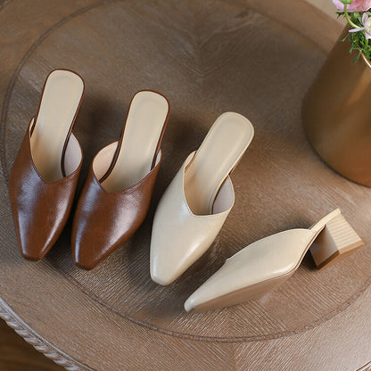 Beige Brown Plain Block Heel Mules #001160