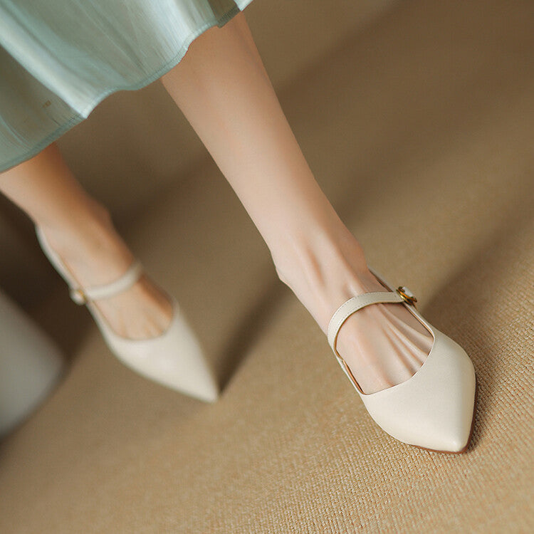 Off-White Beige Pointed Toe Block Heel Mary Jane Pumps #001154