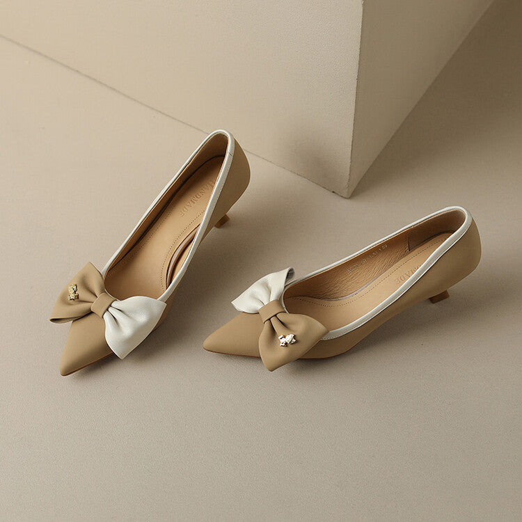 Khaki Grey Black Bow Mid Heel Pumps #001066