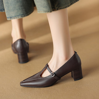 Brown Black T-Strap Block Heel Pumps #001168