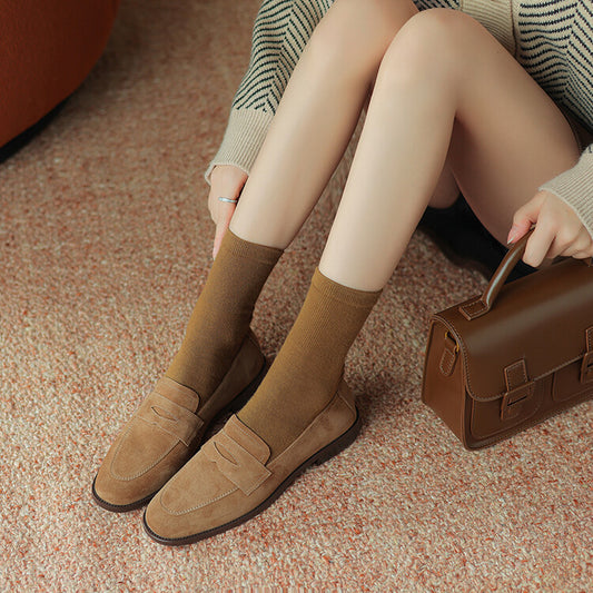 Beige Brown Rounded Toe Strap Loafers #001133