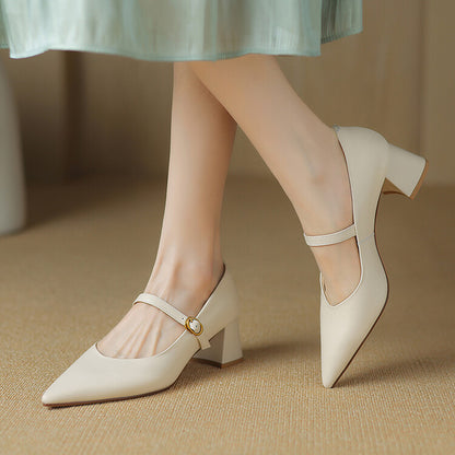 Off-White Beige Pointed Toe Block Heel Mary Jane Pumps #001154