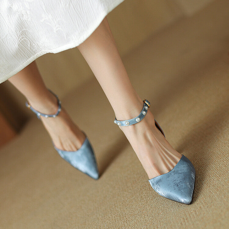 Blue Pink Black Pearl-Embellished Ankle Strap Pumps #001144