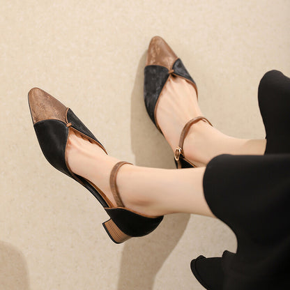 Beige Black Two-Tone Ankle Strap Pumps #001162