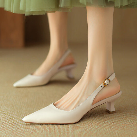 Off-White Beige Low Heel Slingback Pumps #001161