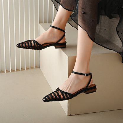 Nude Black Pointed Toe Ankle Strap Cage Sandals #001040