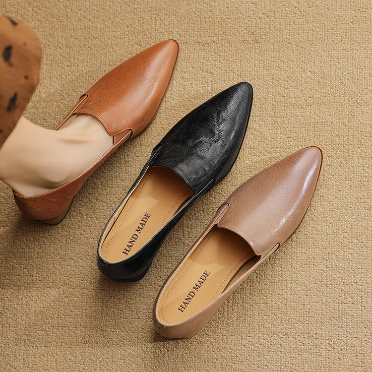 Beige Caramel Black Pointed Toe Loafers #001134