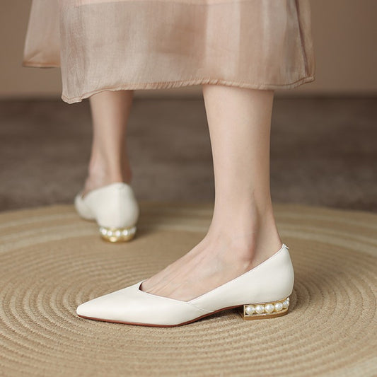 Off-White Beige Black Pearl-Embellished Heel Flats #001117