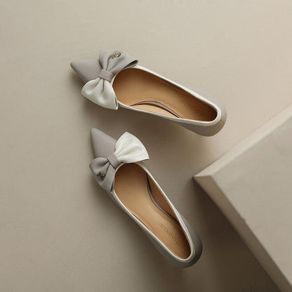 Khaki Grey Black Bow Mid Heel Pumps #001066