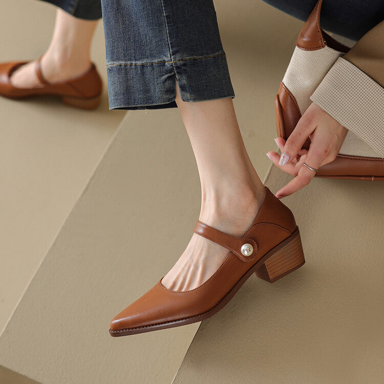 Beige Brown Stacked Block Heel Mary Jane Pumps #001067