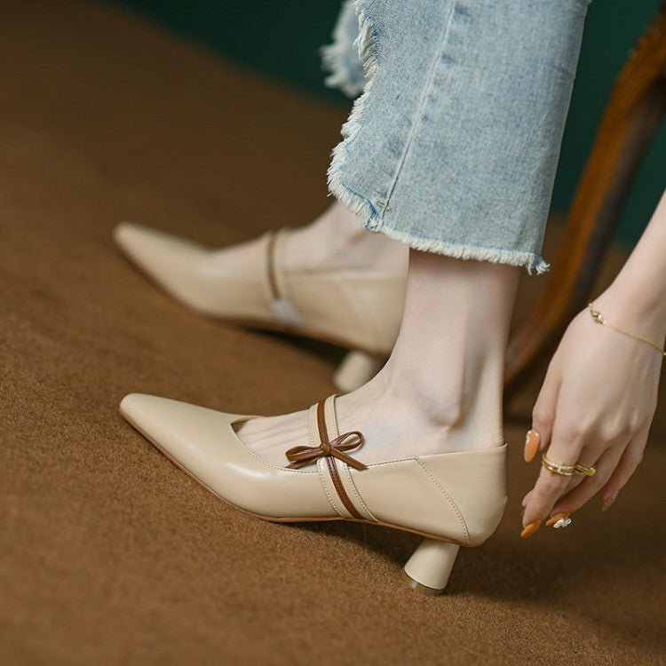 Off-White Beige Cone Heel Butterfly Knot Mary Jane Pumps #001024