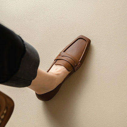 Brown Black Square Toe Strap Loafers #001070