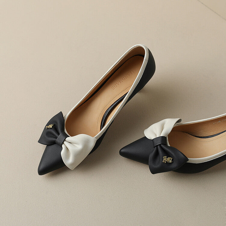 Khaki Grey Black Bow Mid Heel Pumps #001066