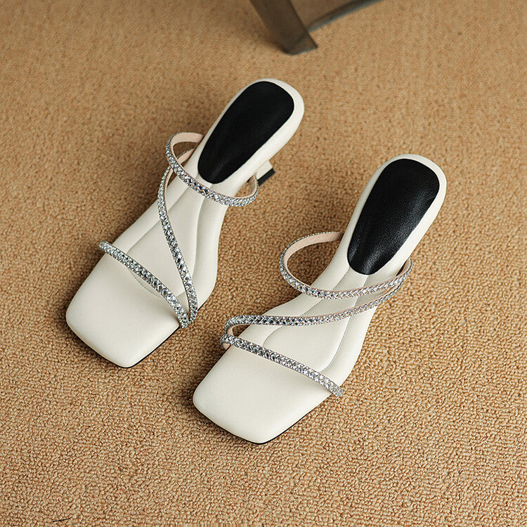 Off-White Beige Black Square Toe Crystal Strap Sandals #001158