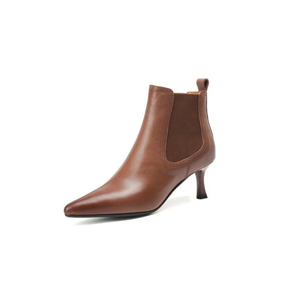 Brown Black Pointed Toe Mid Heel Ankle Boots #002002