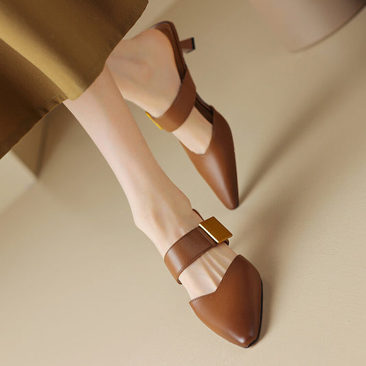 Brown V-Cut Mid Heel Mules #001114