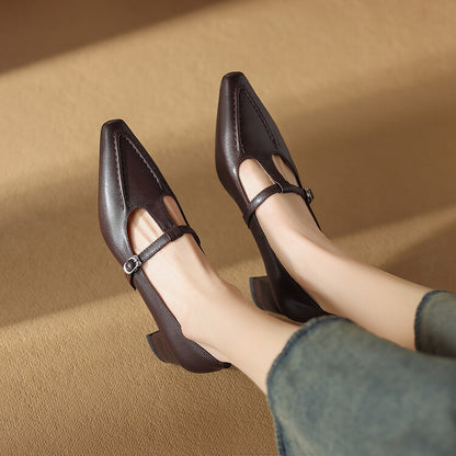 Brown Black T-Strap Block Heel Pumps #001168