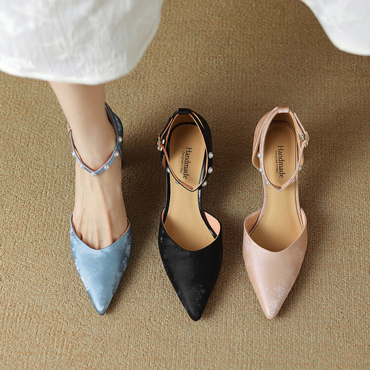 Blue Pink Black Pearl-Embellished Ankle Strap Pumps #001144