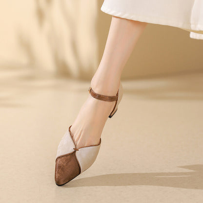 Beige Black Two-Tone Ankle Strap Pumps #001162