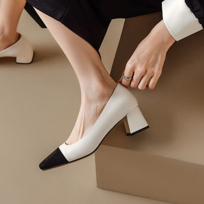 Off-White Beige Black Square Toe Block Heel Pumps #001150