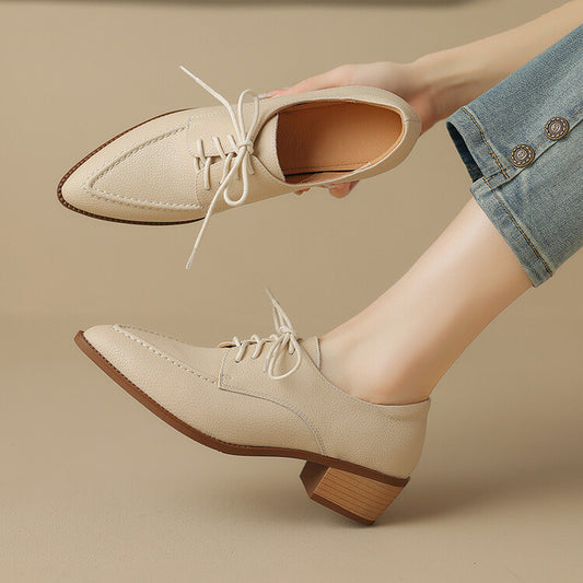 Off-White Beige Pointed Toe Block Heel Derby Shoes #001131