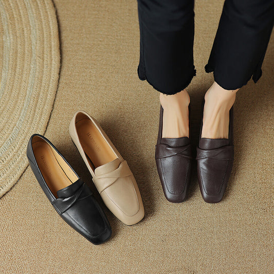 Brown Folded Strap Soft Leather Loafers #001119