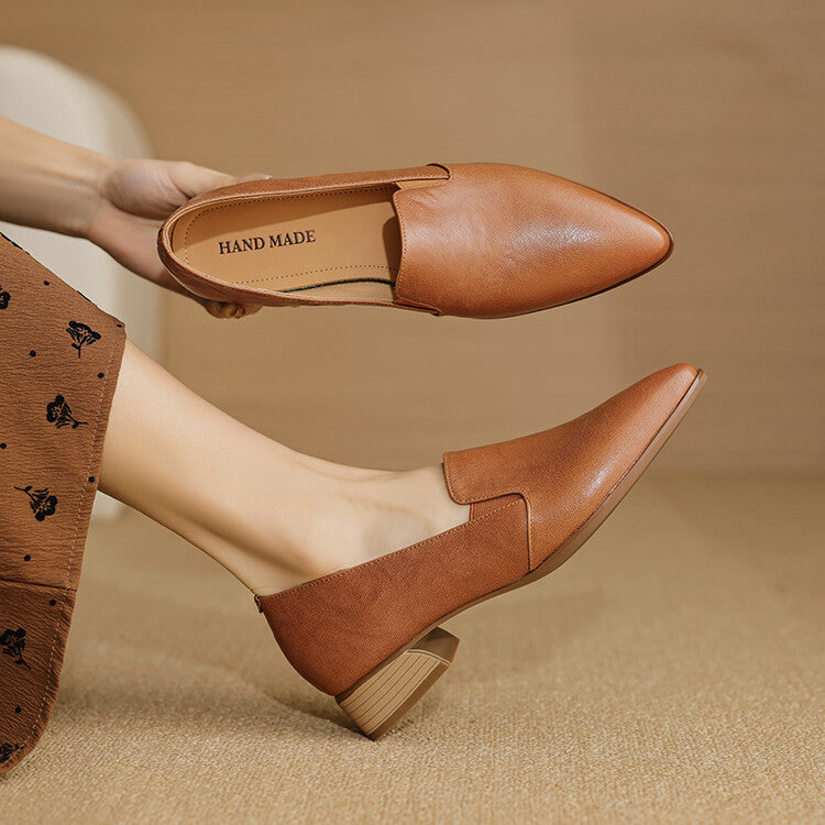 Beige Caramel Black Pointed Toe Loafers #001134