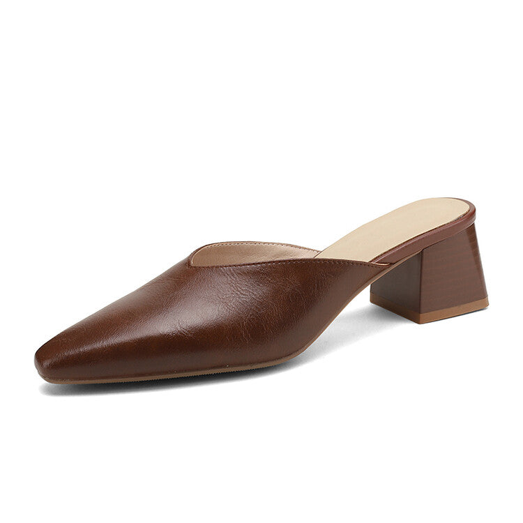 Beige Brown Plain Block Heel Mules #001160