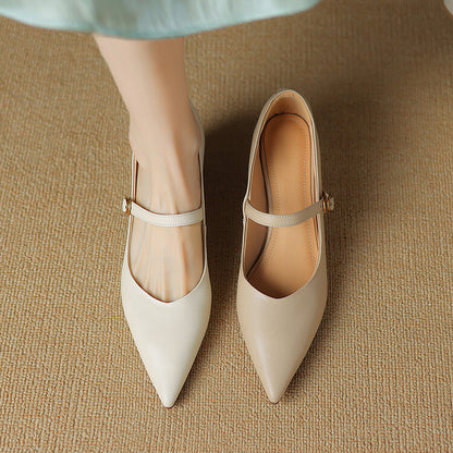 Off-White Beige Pointed Toe Block Heel Mary Jane Pumps #001154