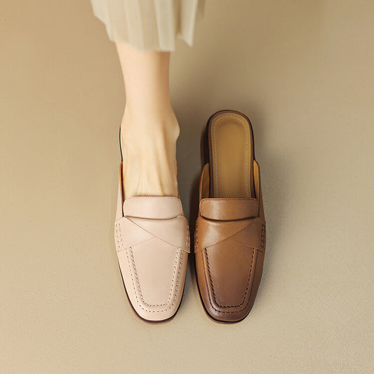 Beige Brown Square Toe Folded Strap Loafer Mules #001098