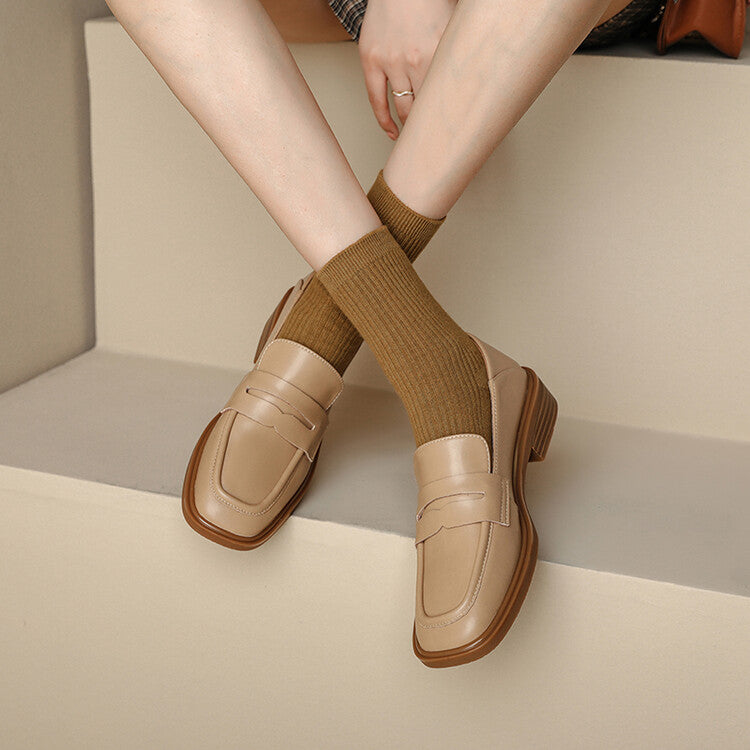 Beige Black Square Toe Strap Loafers #001130