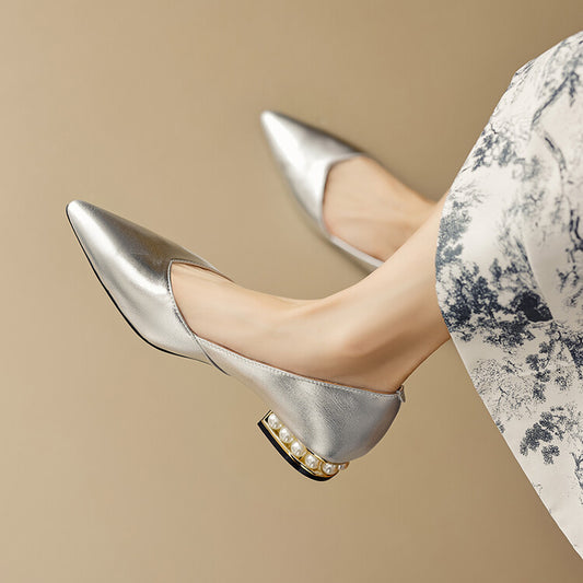 Silver Gold Pearl-Embellished Heel Flats #001118