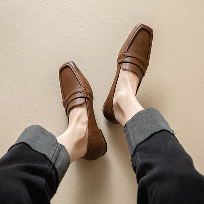 Brown Black Square Toe Strap Loafers #001070