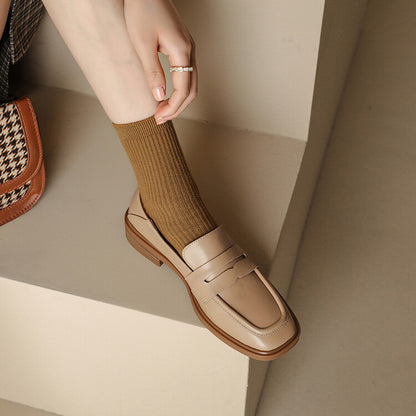 Beige Black Square Toe Strap Loafers #001130