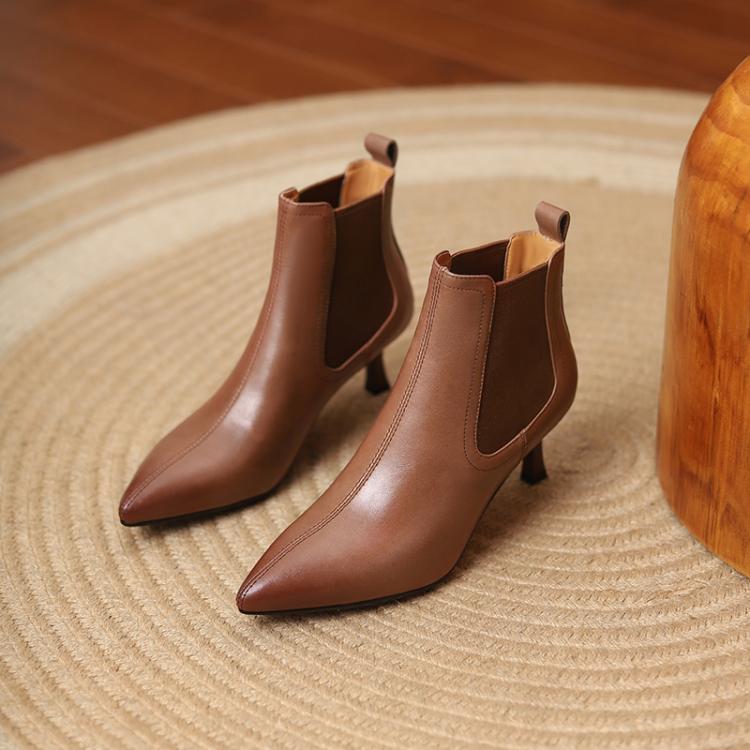 Brown Black Pointed Toe Mid Heel Ankle Boots #002002