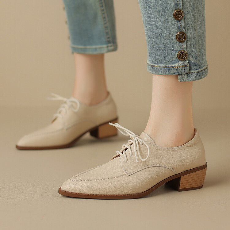 Off-White Beige Pointed Toe Block Heel Derby Shoes #001131