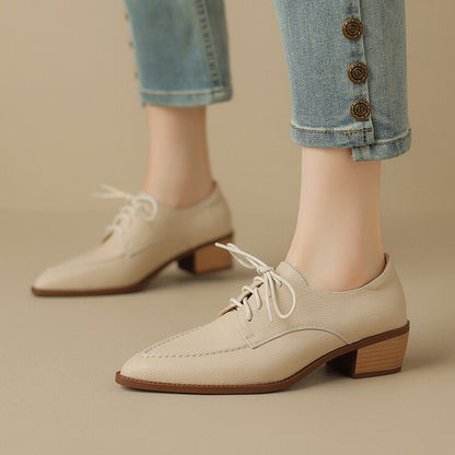 Off-White Beige Pointed Toe Block Heel Derby Shoes #001131