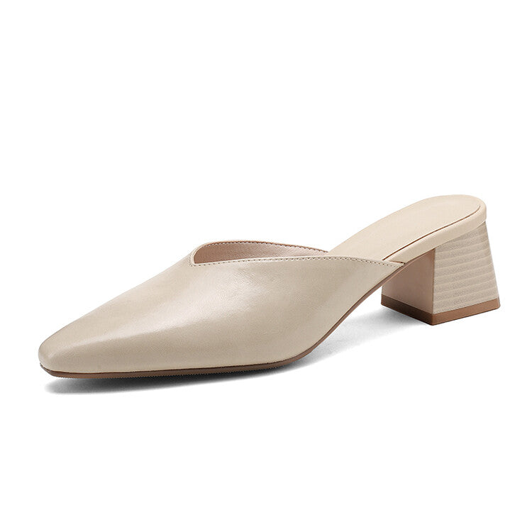 Beige Brown Plain Block Heel Mules #001160