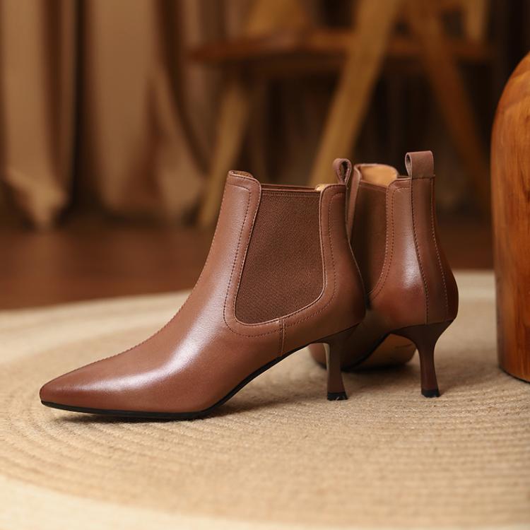 Brown Black Pointed Toe Mid Heel Ankle Boots #002002