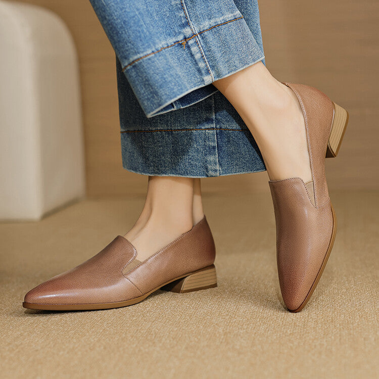 Beige Caramel Black Pointed Toe Loafers #001134