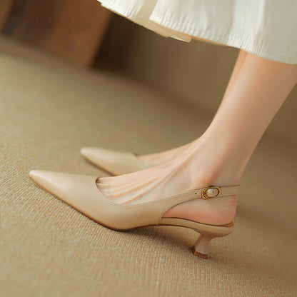 Off-White Beige Low Heel Slingback Pumps #001161