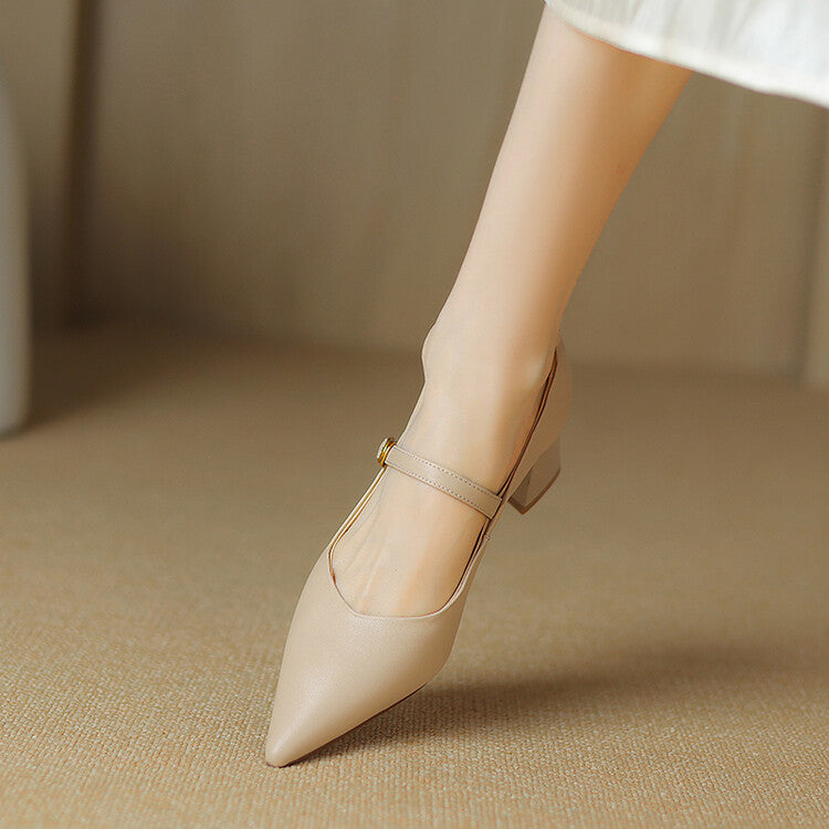 Off-White Beige Pointed Toe Block Heel Mary Jane Pumps #001154