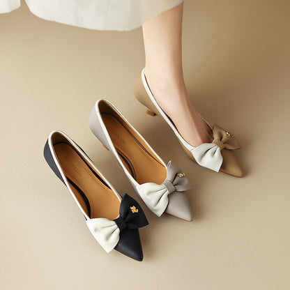 Khaki Grey Black Bow Mid Heel Pumps #001066