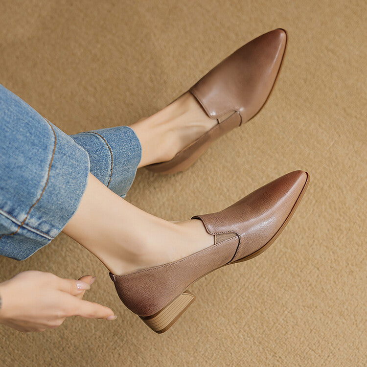 Beige Caramel Black Pointed Toe Loafers #001134