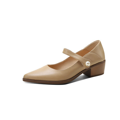 Beige Brown Stacked Block Heel Mary Jane Pumps #001067